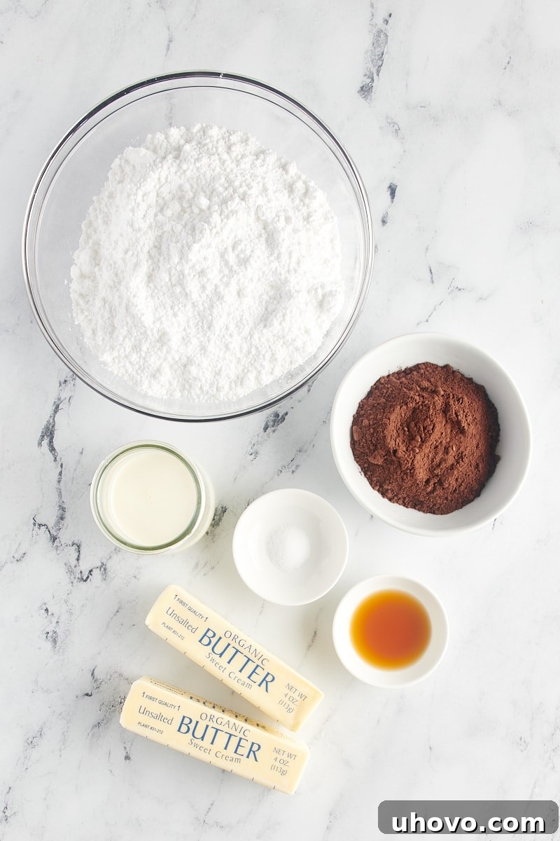 overhead view of ingredients for chocolate buttercream frosting