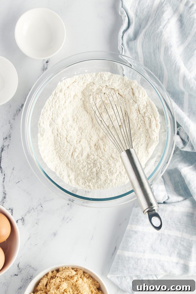overhead view of combined dry ingredients for Chocolate Sheet Cake