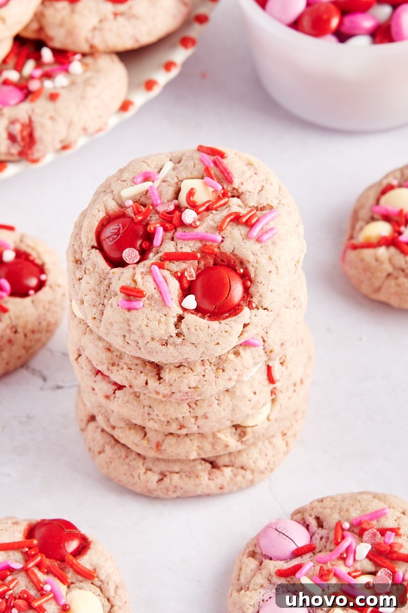 stack of five Strawberry M&M Cookies surrounded by more cookies