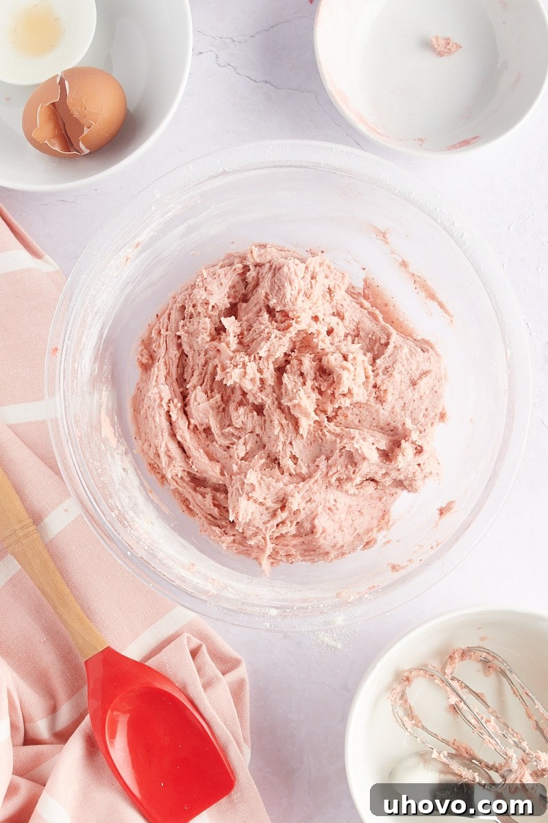 overhead view of mixed strawberry cookie dough