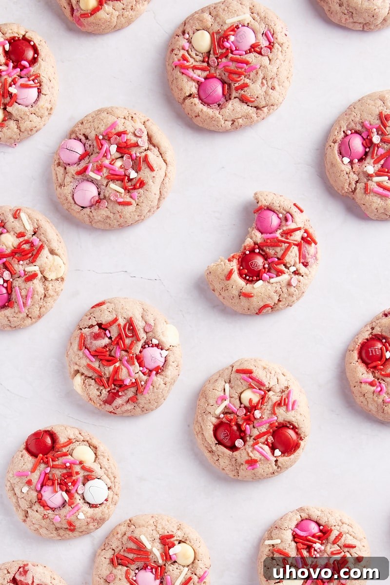 overhead view of Strawberry M&M Cookies scattered on a marble surface