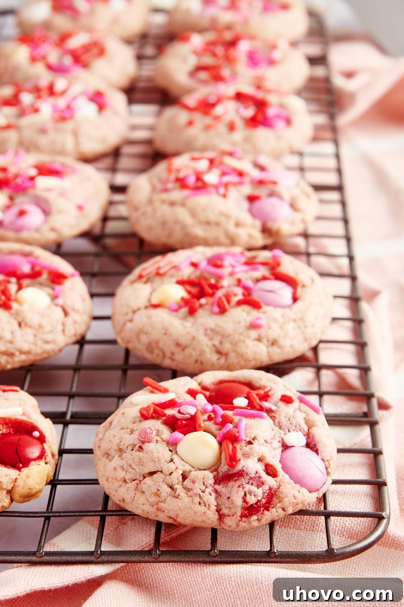 Strawberry M&M Cookies lined up on a wire rack