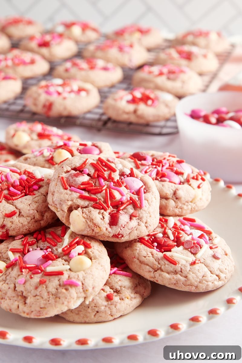 pile of Strawberry M&M Cookies on a red-rimmed white plate with more cookies on a cooling rack in the background