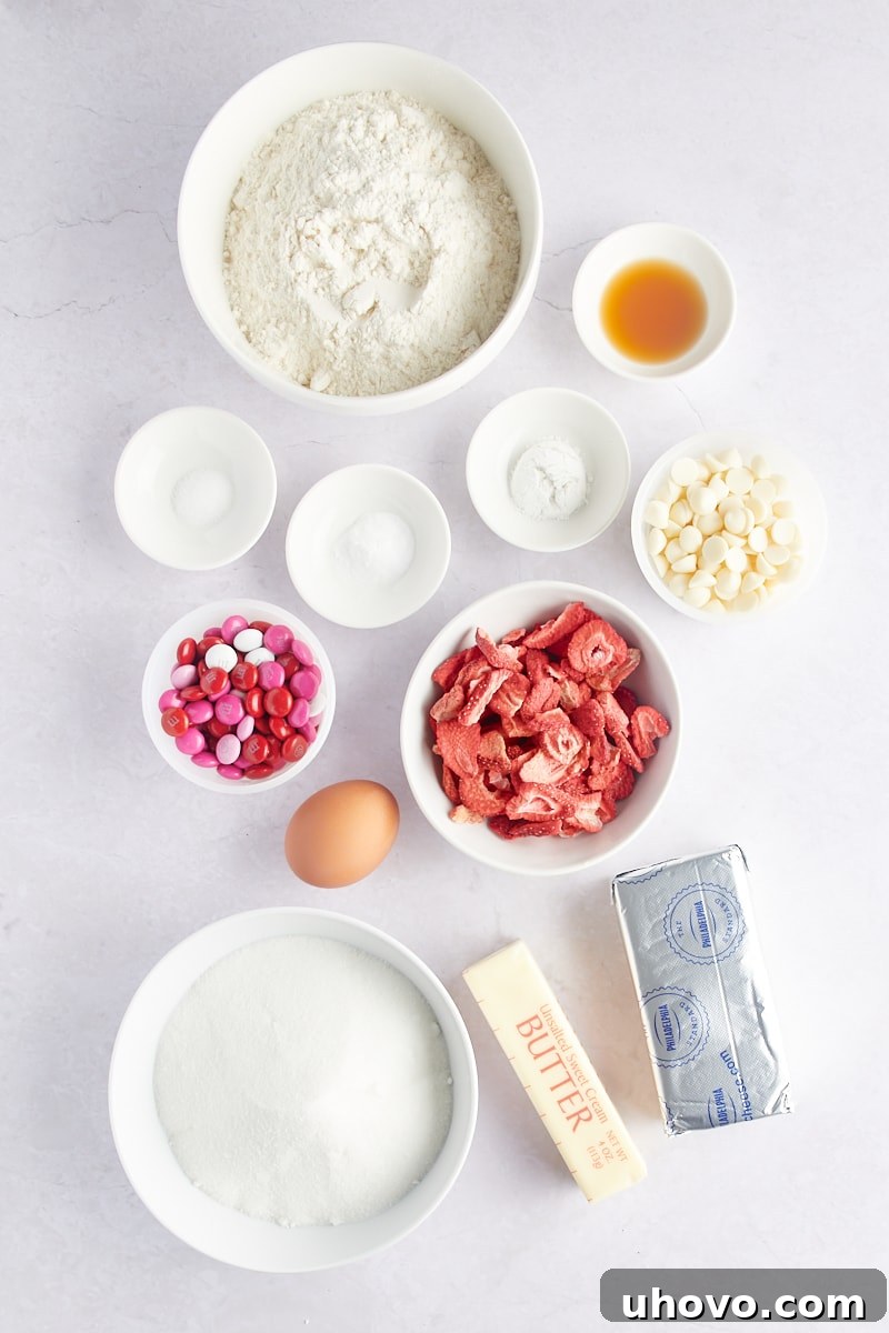 overhead view of ingredients for Strawberry M&M Cookies