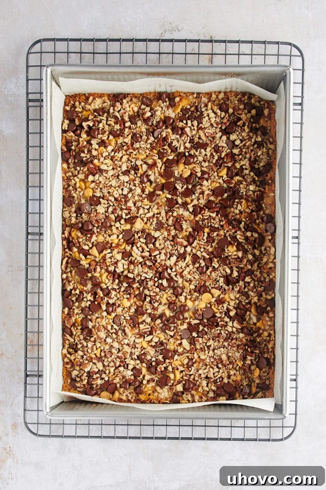 Pan of seven layer bars cooling on wire rack after baking