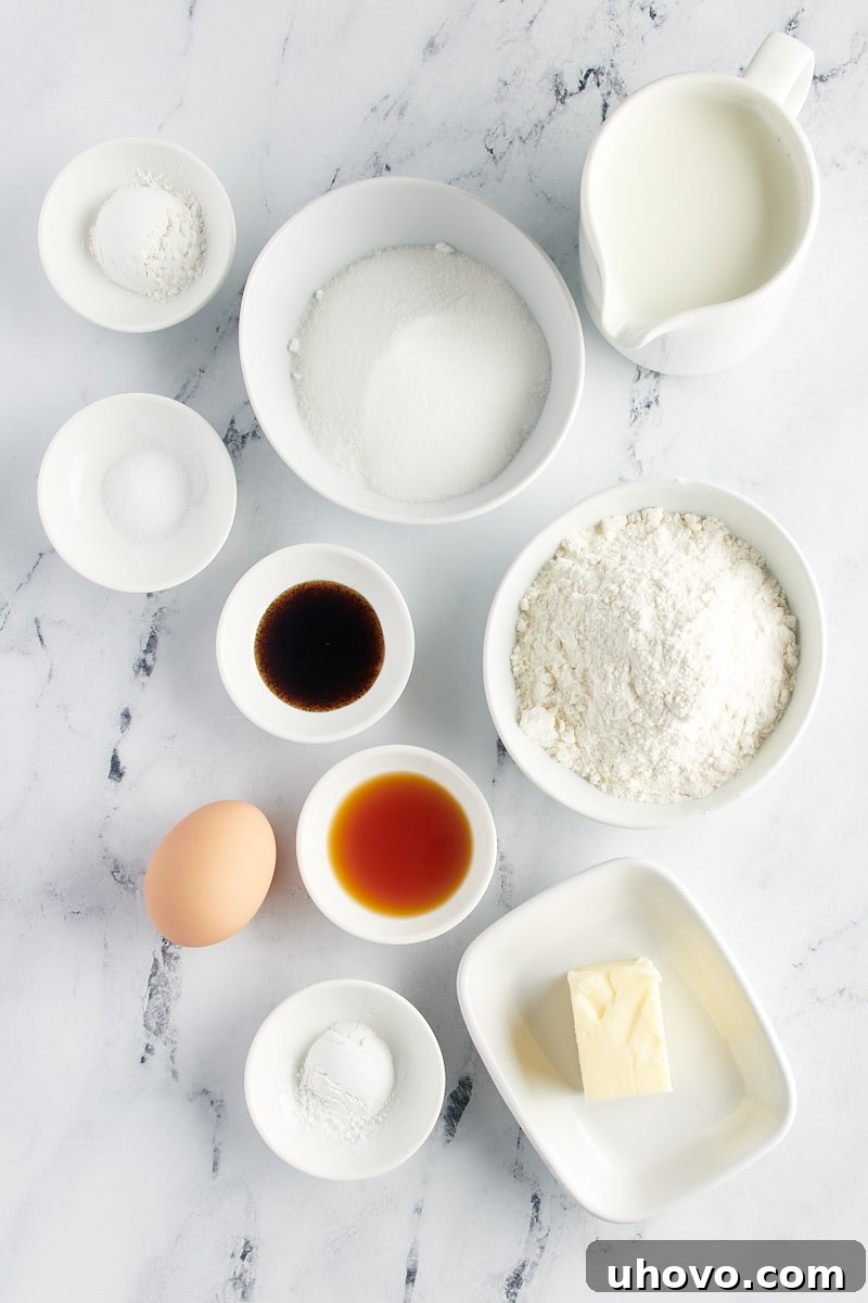 A beautifully arranged overhead view of all the essential ingredients laid out for preparing the delightful Vanilla Pudding Cake, ready for baking.