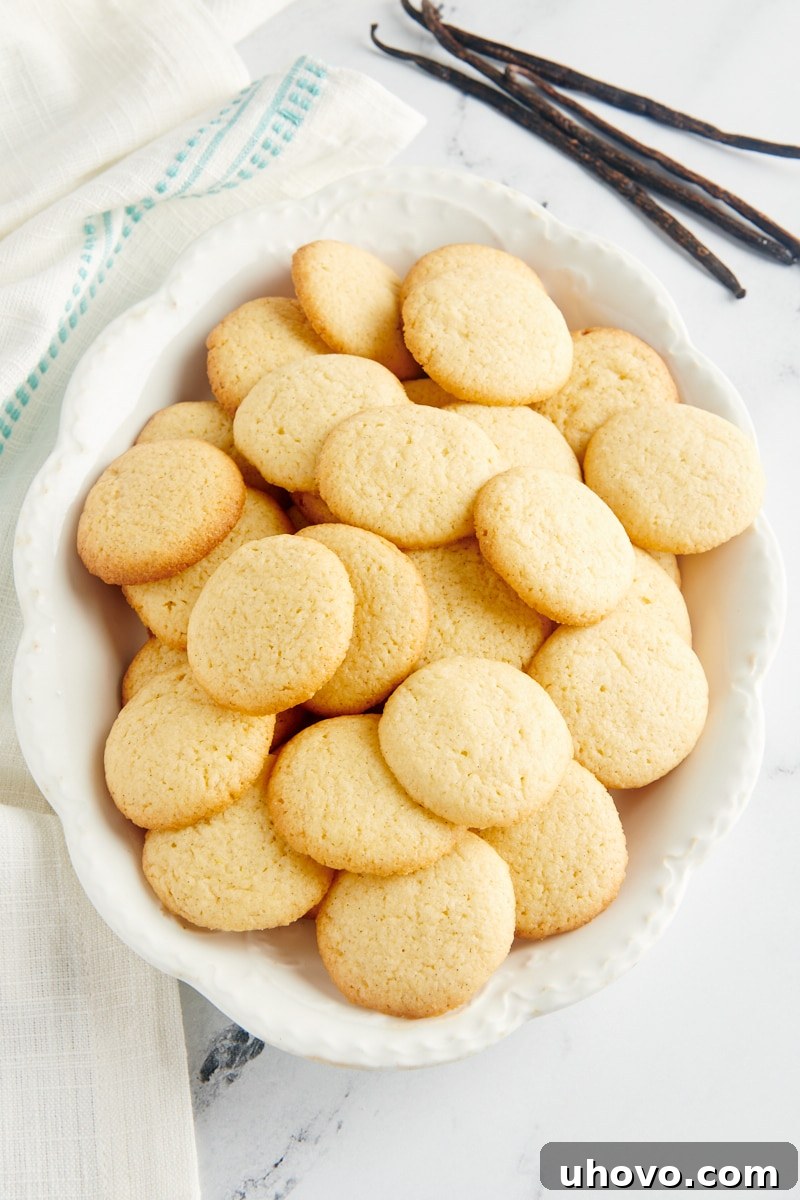 Overhead view of vanilla wafers on a serving platter with vanilla beans in the background.