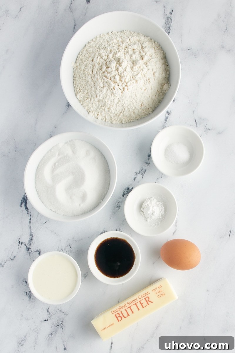 Overhead view of ingredients for homemade vanilla wafers.