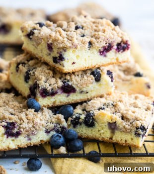 sliced of Blueberry Crumb Cake stacked on a wire rack