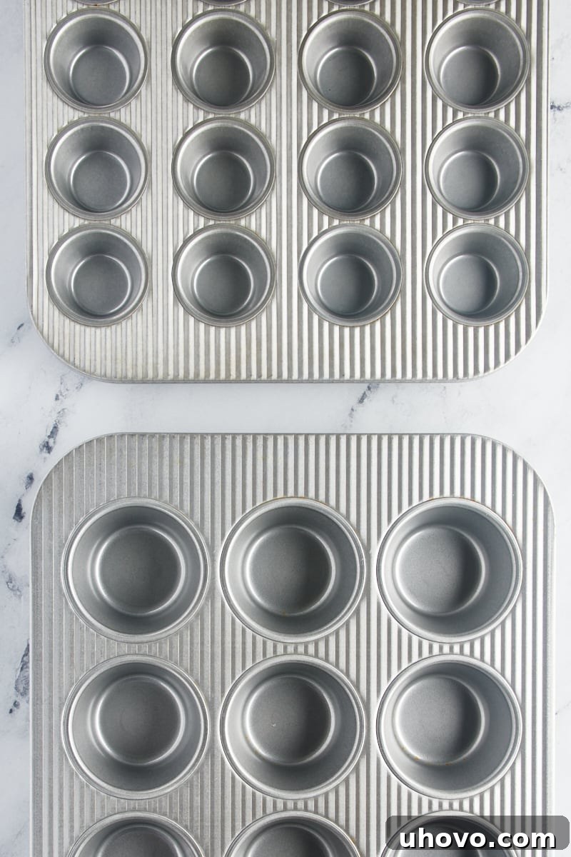 overhead view of a standard muffin pan and a mini muffin pan