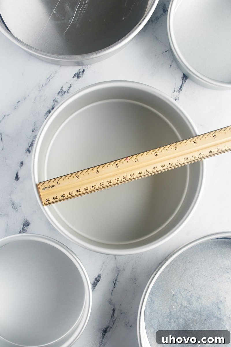 overhead view of a ruler on top of a round cake pan