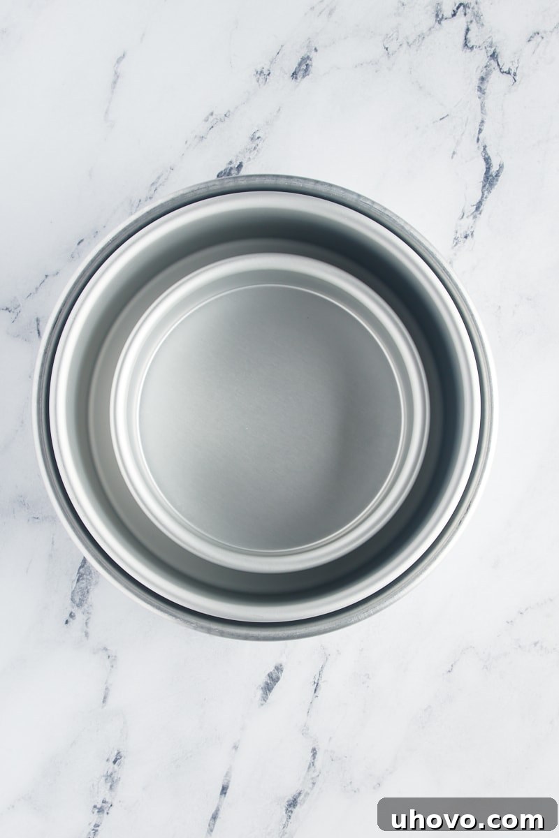overhead view of three nested round cake pans