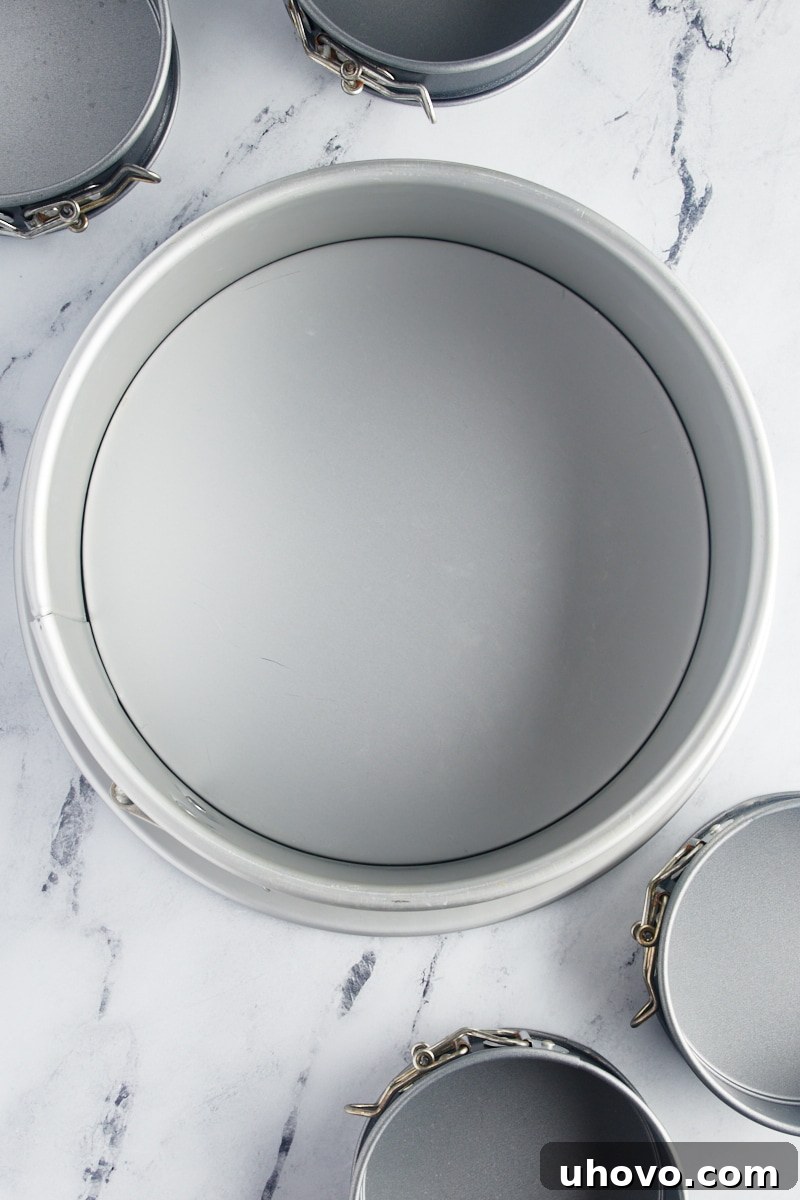 overhead view of a springform pan surrounded by small springform pans