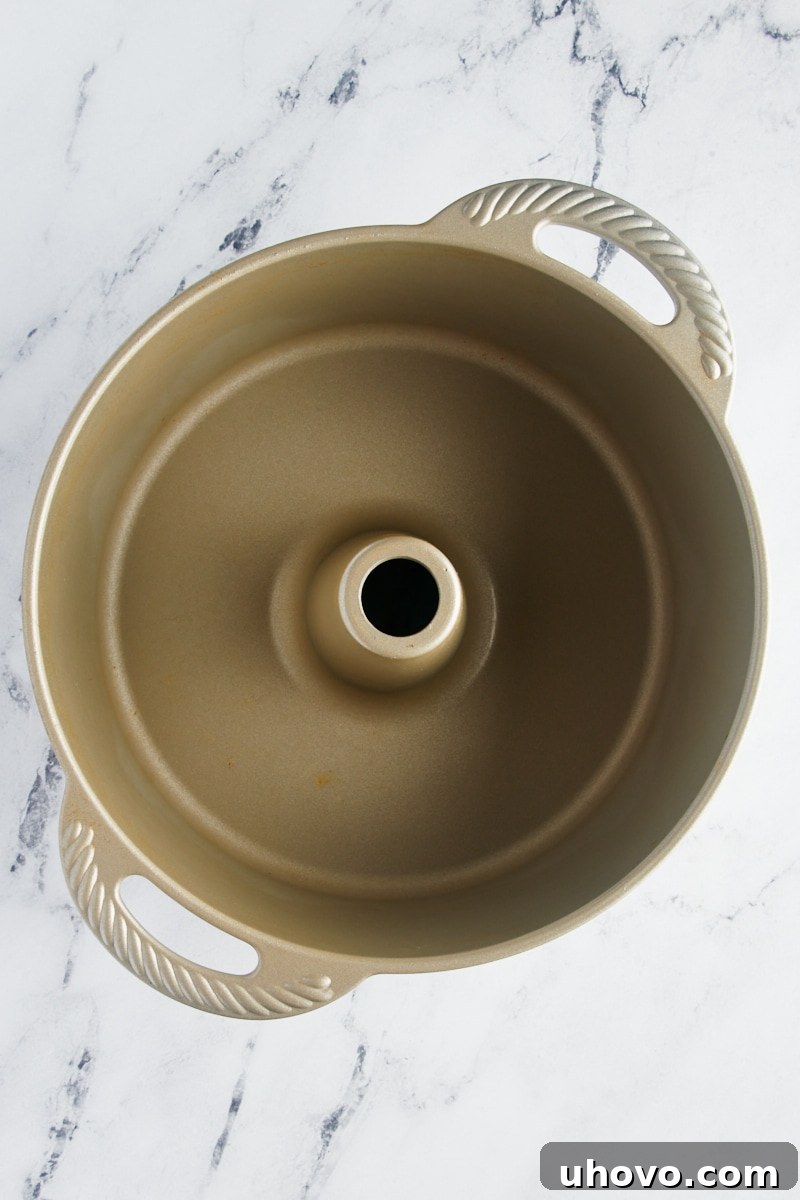 overhead view of a tube pan on a marble surface
