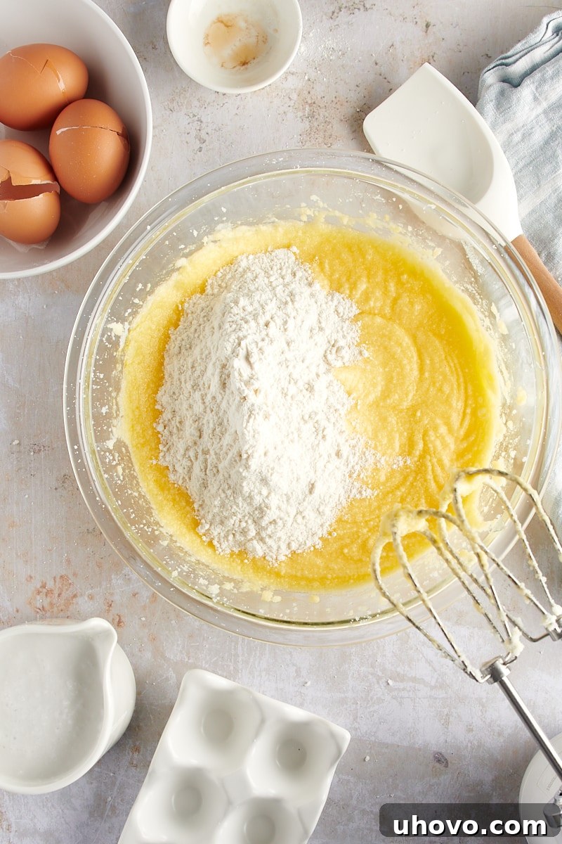 overhead view of the first portion of dry ingredients being added to the wet mixture for Coconut Sheet Cake