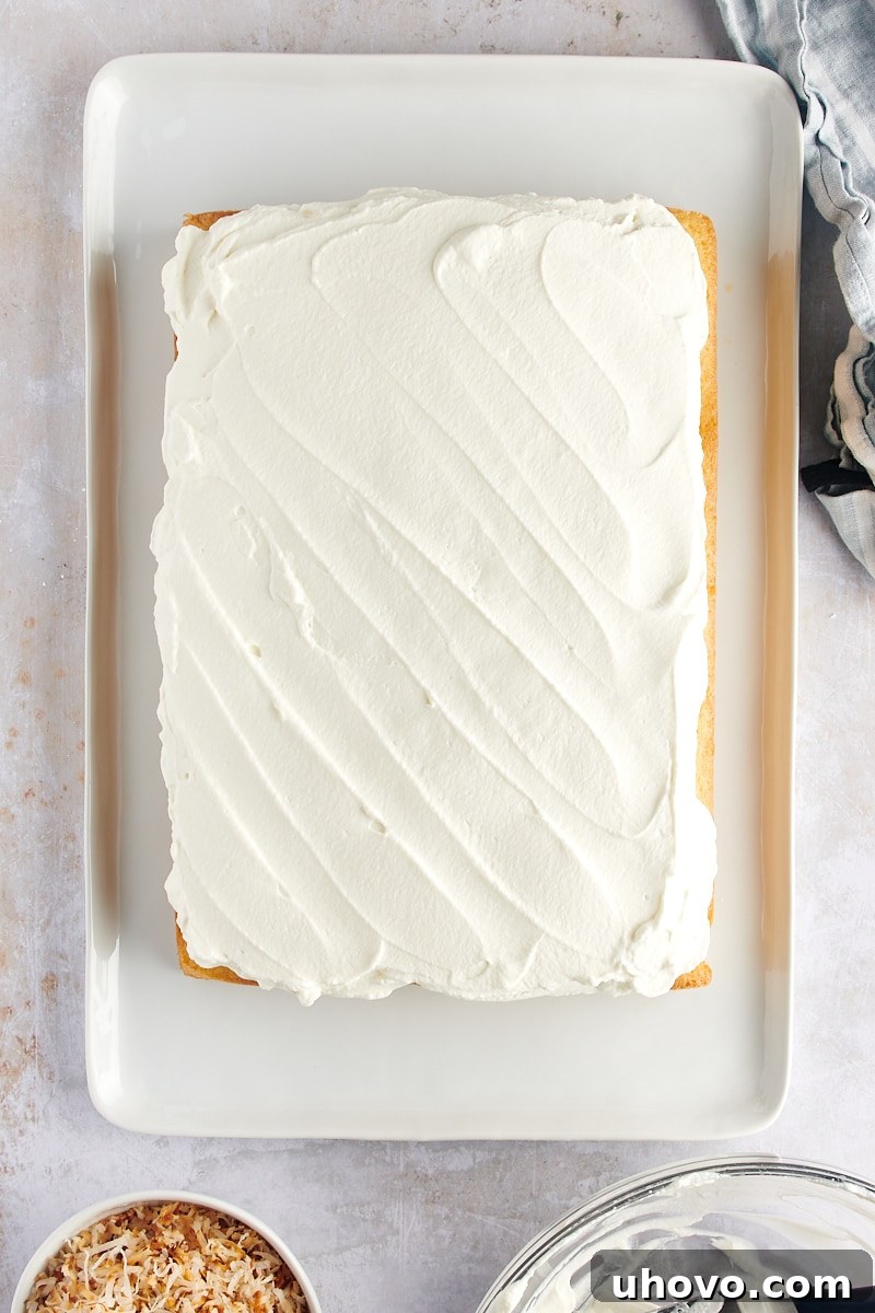 overhead view of the frosted coconut cake, showcasing the smooth, white whipped topping