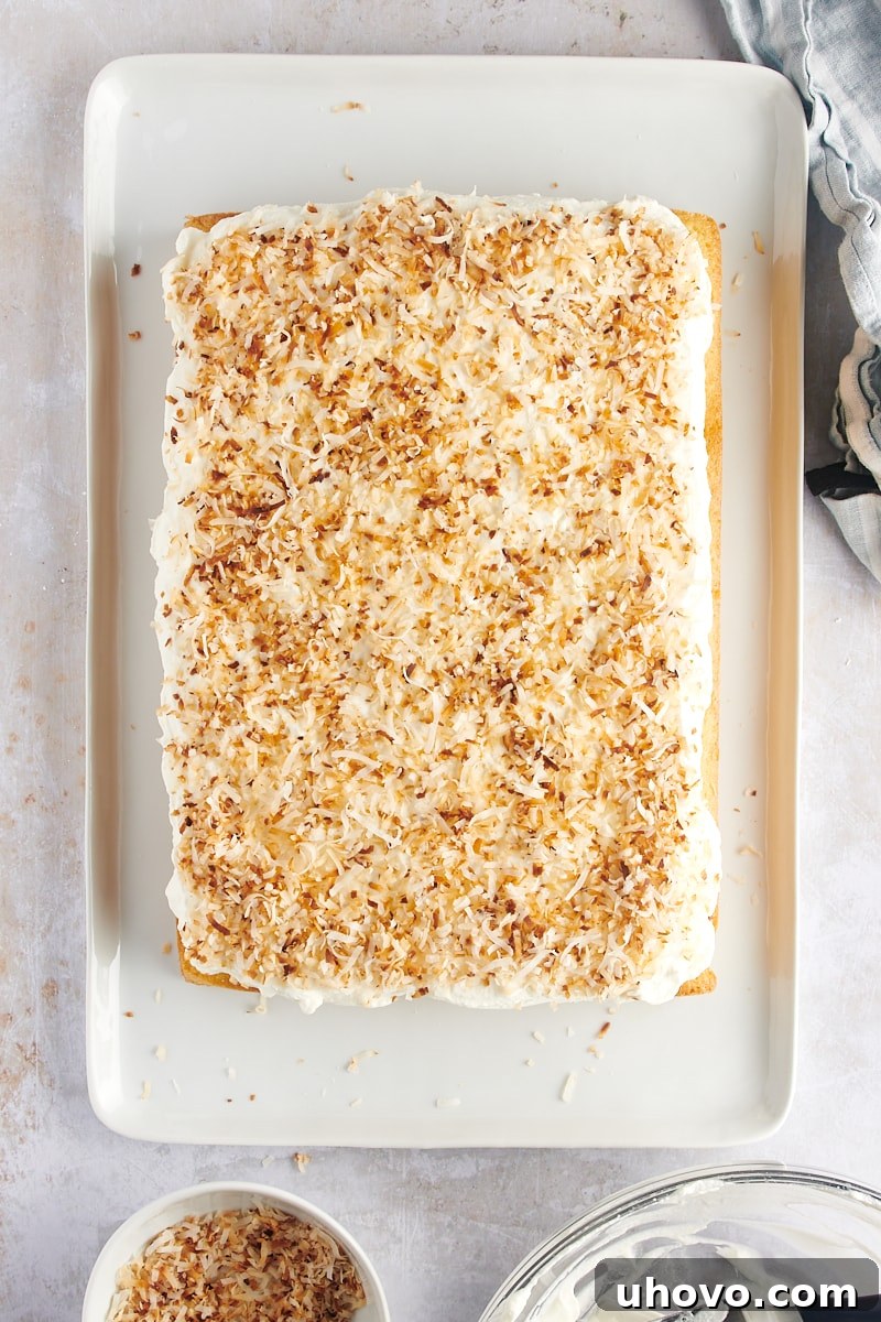 overhead view of the finished Coconut Sheet Cake, beautifully topped with toasted coconut
