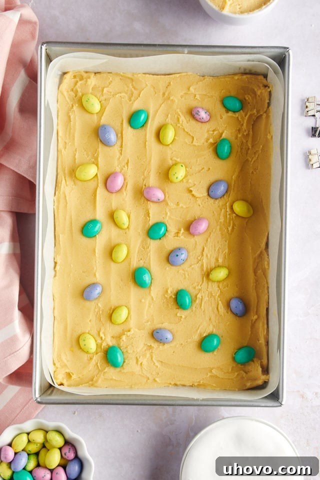 overhead view of colorful M&Ms scattered over the sugar cookie dough in a 9x13 pan, creating a vibrant layer