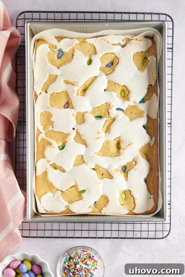 overhead view of freshly baked M&M Marshmallow Sugar Cookie Bars in a 9x13 pan on a wire rack, showing a puffed golden topping
