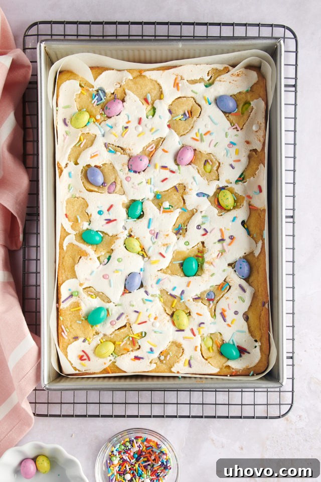 overhead view of additional M&Ms and sprinkles being added to the top of warm M&M Marshmallow Sugar Cookie Bars in a 9x13 pan