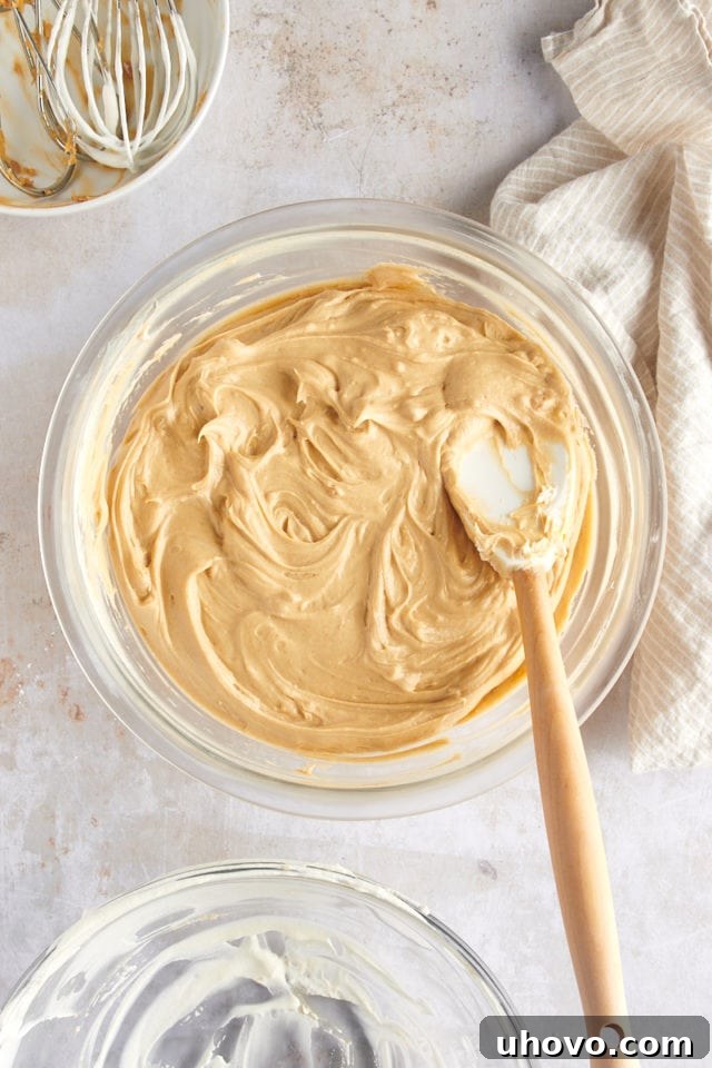 overhead view of Peanut Butter Mousse in a large glass bowl