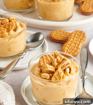 servings of Peanut Butter Mousse in clear glasses topped with peanuts and cookie pieces