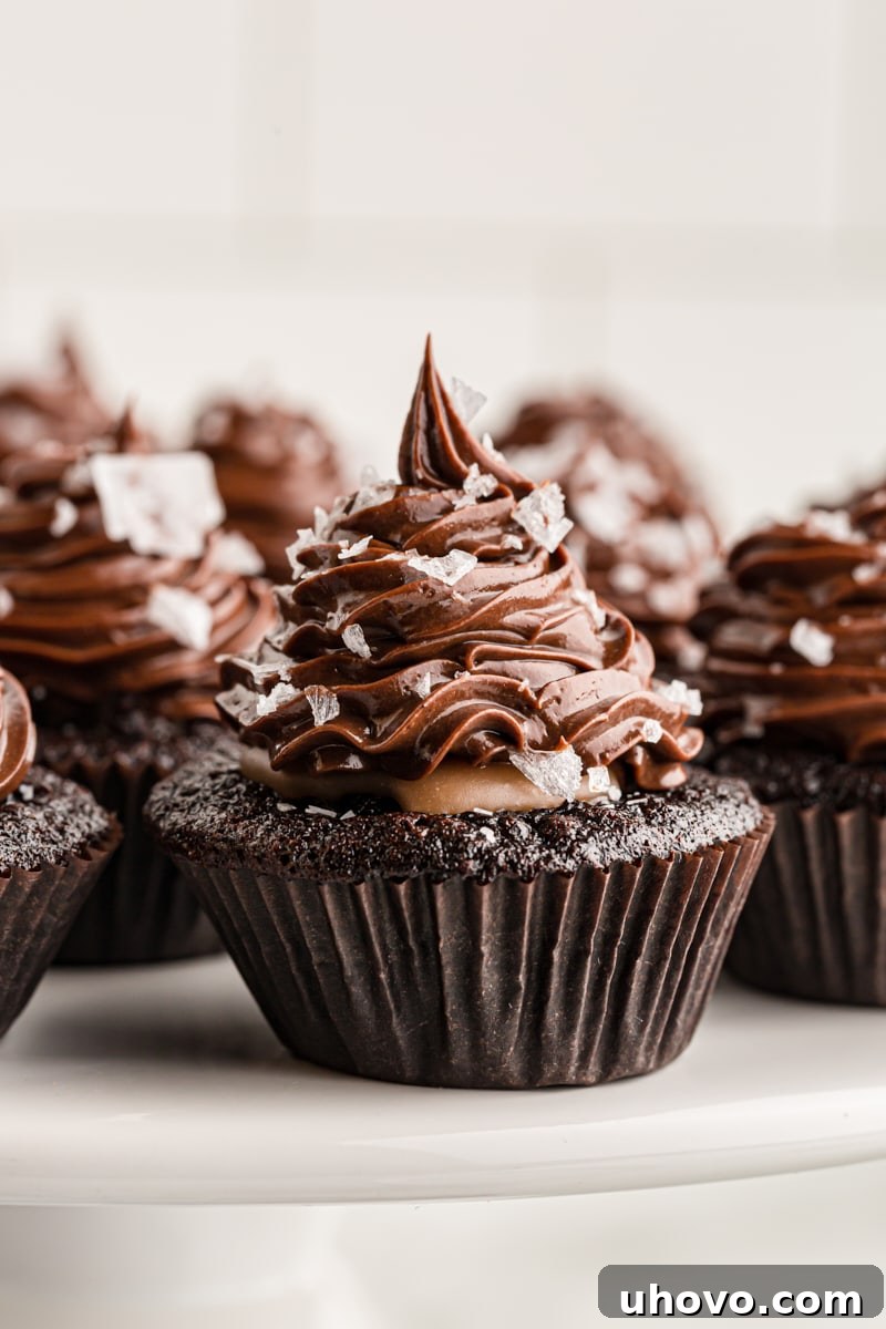 Closeup of chocolate salted caramel mini cupcakes on cake stand, highlighting the rich ganache and flaky sea salt garnish