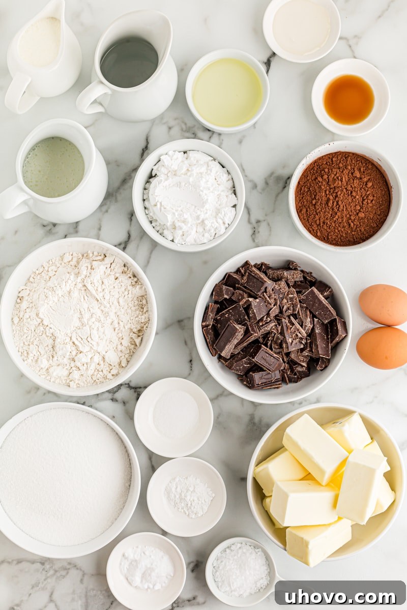 Overhead view of precisely measured ingredients for chocolate salted caramel mini cupcakes arranged on a counter