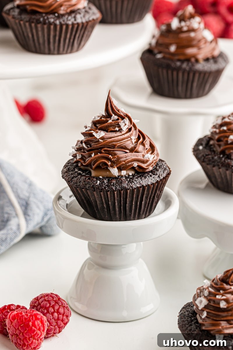 A single, beautifully frosted chocolate salted caramel mini cupcake standing proudly on a mini cake stand