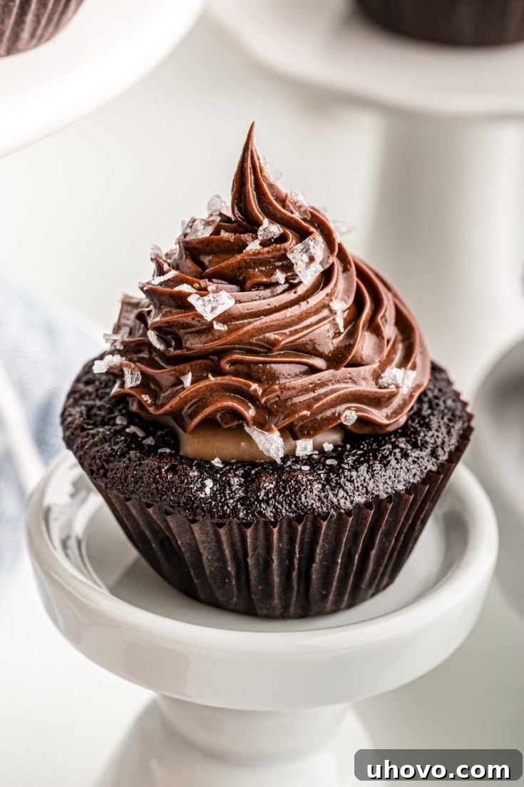 Chocolate salted caramel mini cupcake on mini cake stand