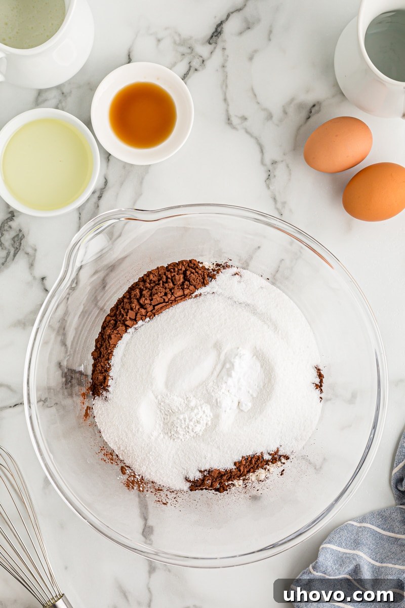 Overhead view of dry cupcake ingredients perfectly combined in a mixing bowl