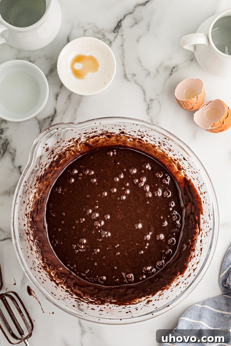 Overhead view of the silky smooth chocolate cupcake batter in a large mixing bowl