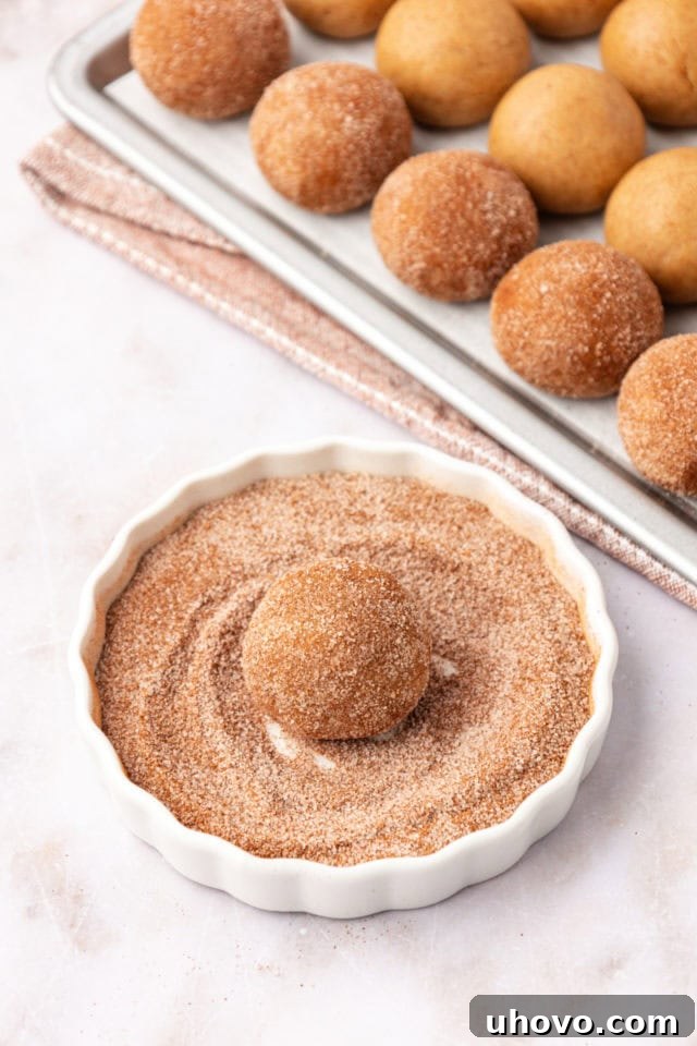 A perfectly portioned brown butter snickerdoodle cookie dough ball being rolled in a generous mixture of cinnamon and sugar, ready for baking.