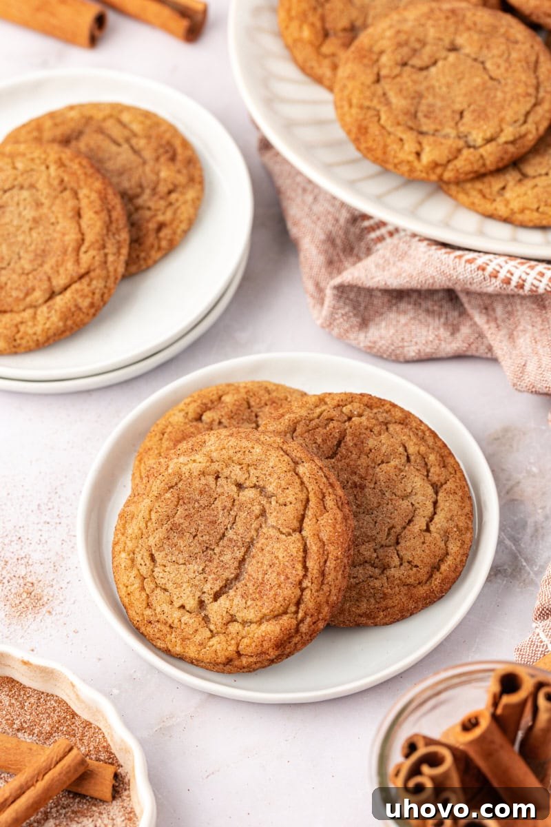 Three perfectly baked brown butter snickerdoodles arranged on a white plate, with more delicious cookies blurred in the background, creating an inviting scene.