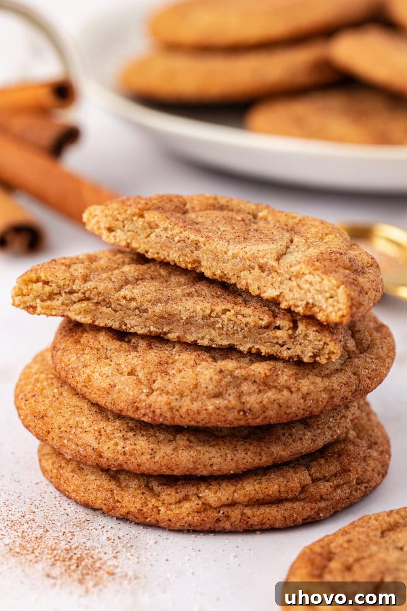 A charming stack of three brown butter snickerdoodles, with two halves of cookies perched enticingly on top, highlighting their soft, chewy interiors.