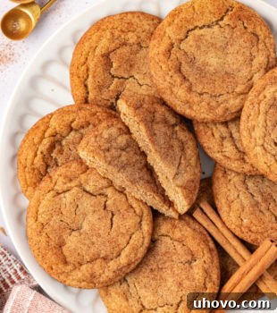 overhead view of brown butter snickerdoodles on a white plate