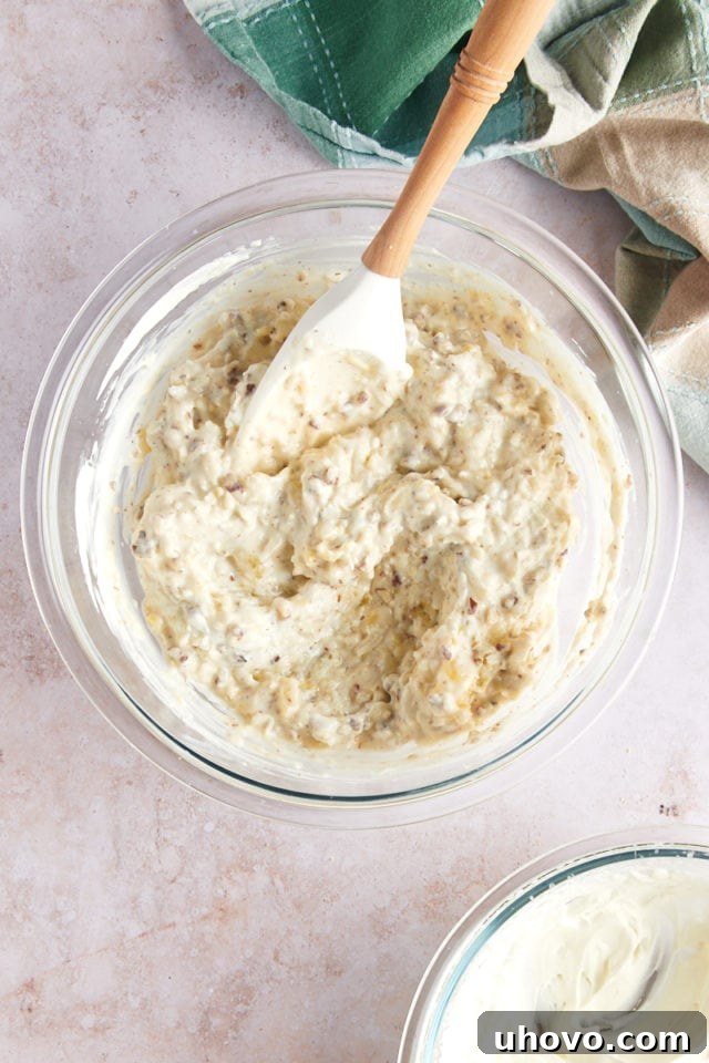 Overhead view of millionaire pie filling in mixing bowl