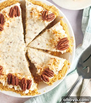 Overhead view of sliced millionaire pie on serving platter