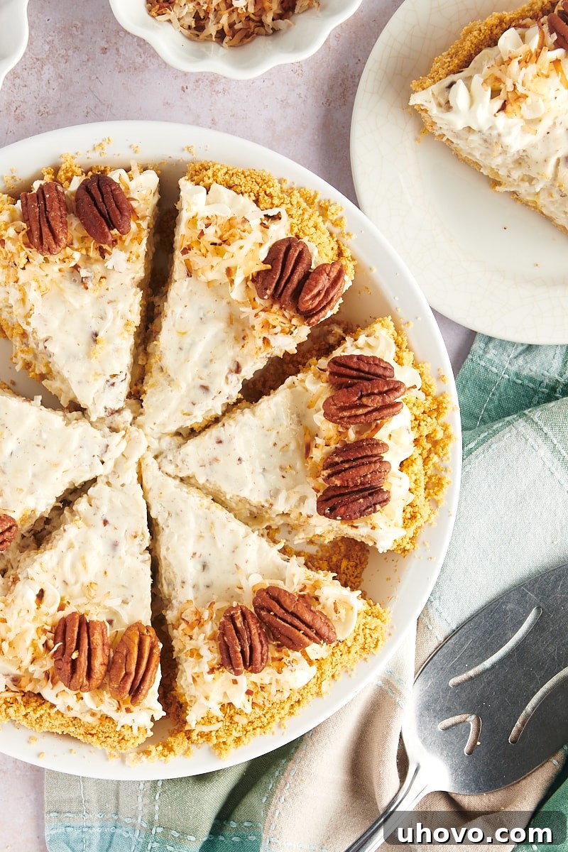Overhead view of sliced millionaire pie on serving platter
