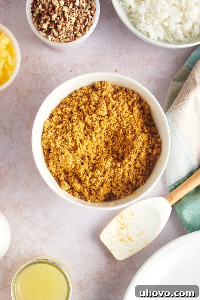 Overhead view of graham cracker mixture in bowl