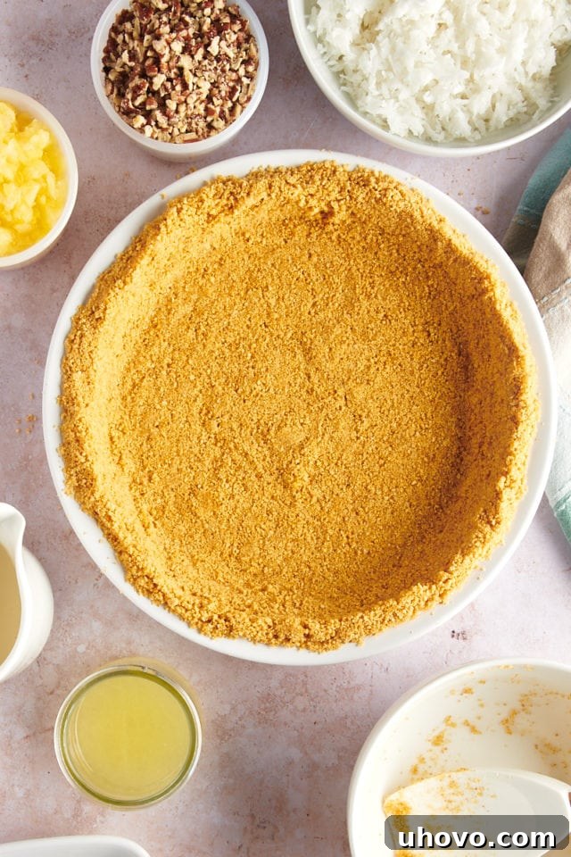 Overhead view of graham cracker pie crust