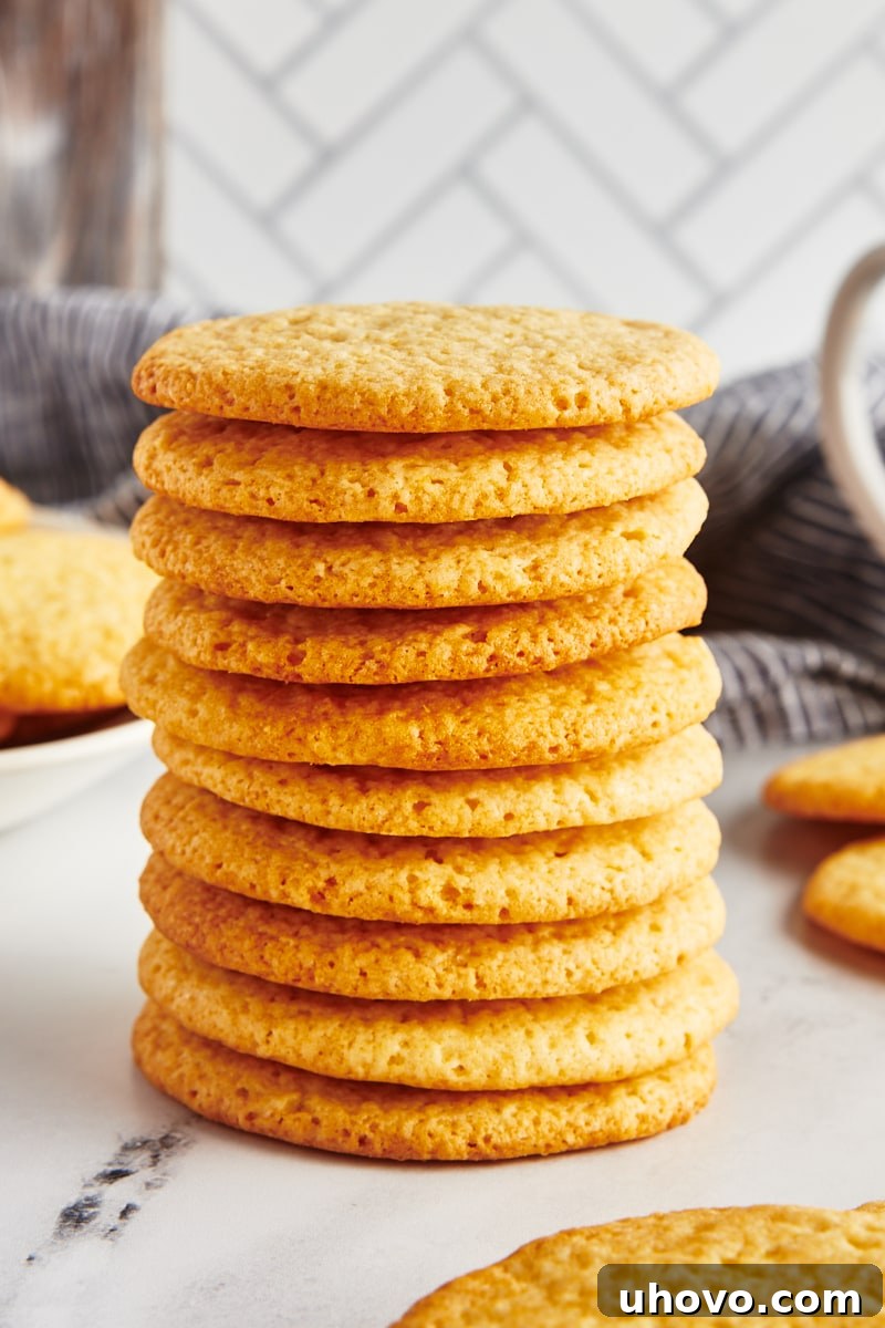 A tall stack of golden brown Southern tea cakes on a marble surface, showcasing their soft, cake-like texture.
