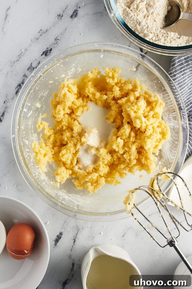 Overhead view of a portion of buttermilk being added to the tea cake dough in a glass mixing bowl, alternating with dry ingredients.