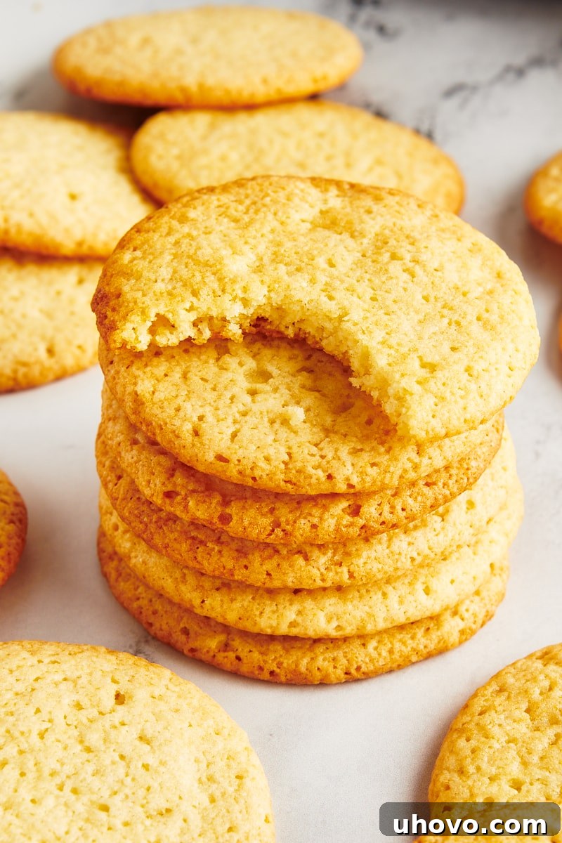 A stack of Southern tea cakes, with the top cookie showing a missing bite, highlighting its soft texture.
