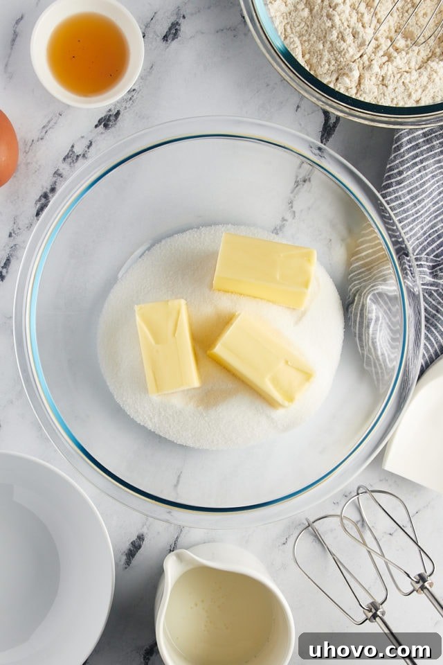 Overhead view of softened unsalted butter and granulated sugar in a large glass mixing bowl, ready for creaming.