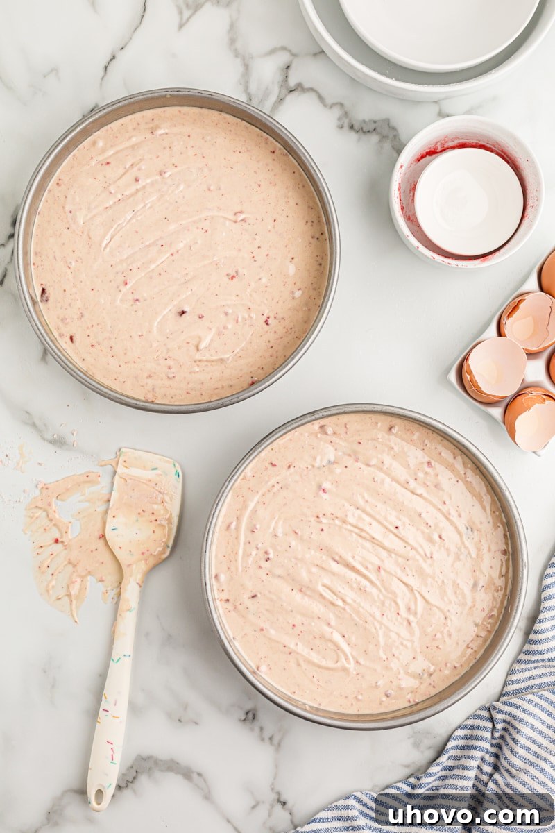 Overhead view of strawberry cake batter evenly divided between two round cake pans, ready for baking.
