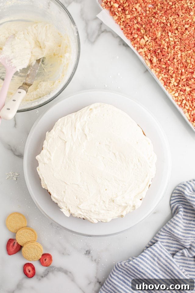 Overhead view of a single strawberry crunch cake layer, frosted with a thick layer of cream cheese frosting, before the second layer is added.