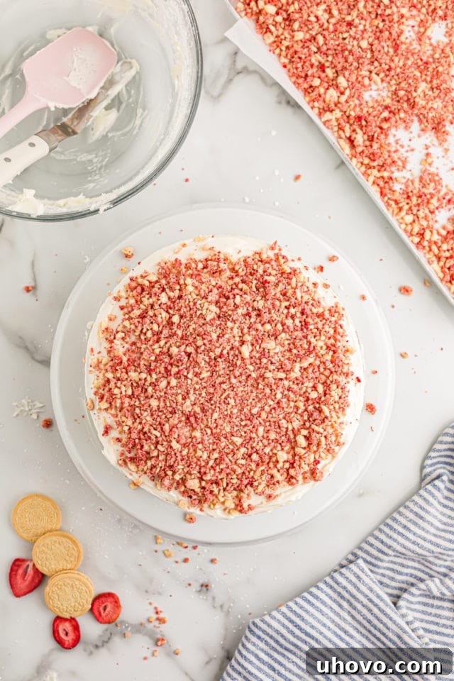Overhead view of a fully assembled and frosted strawberry crunch cake on a cake stand, with the strawberry/cookie topping applied to the top and sides, next to a tray of remaining crumbs.