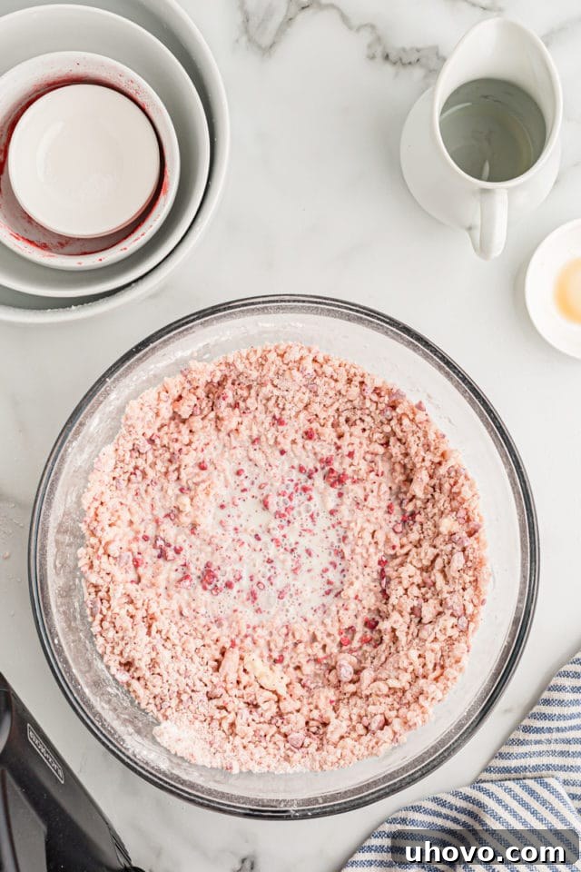 Overhead view of the cake batter in a bowl, after butter has been incorporated into the dry ingredients, resembling wet sand before eggs are added.