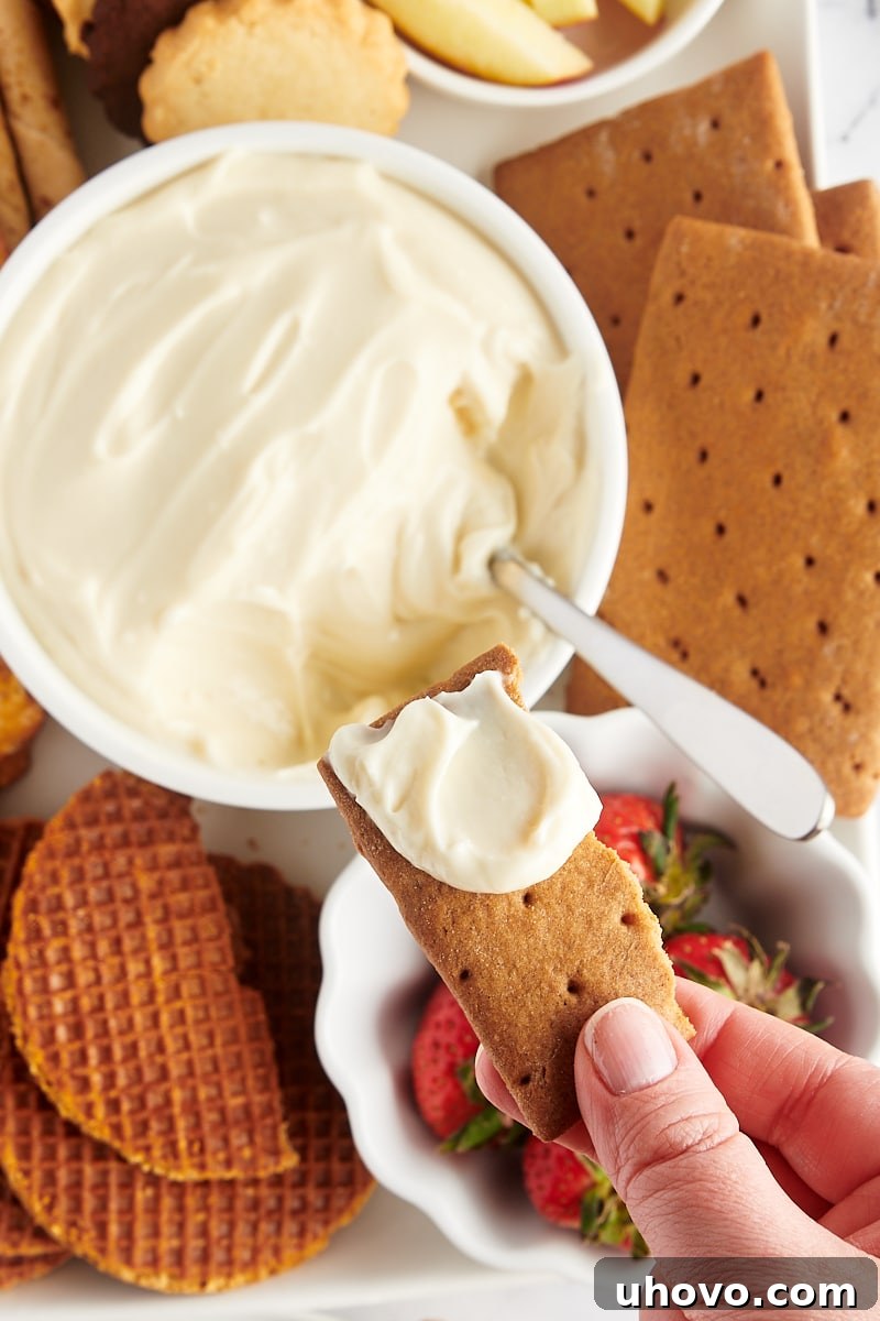 An overhead shot capturing a hand holding a piece of graham cracker, about to scoop into a bowl of creamy cheesecake dip, emphasizing its readiness for enjoyment.